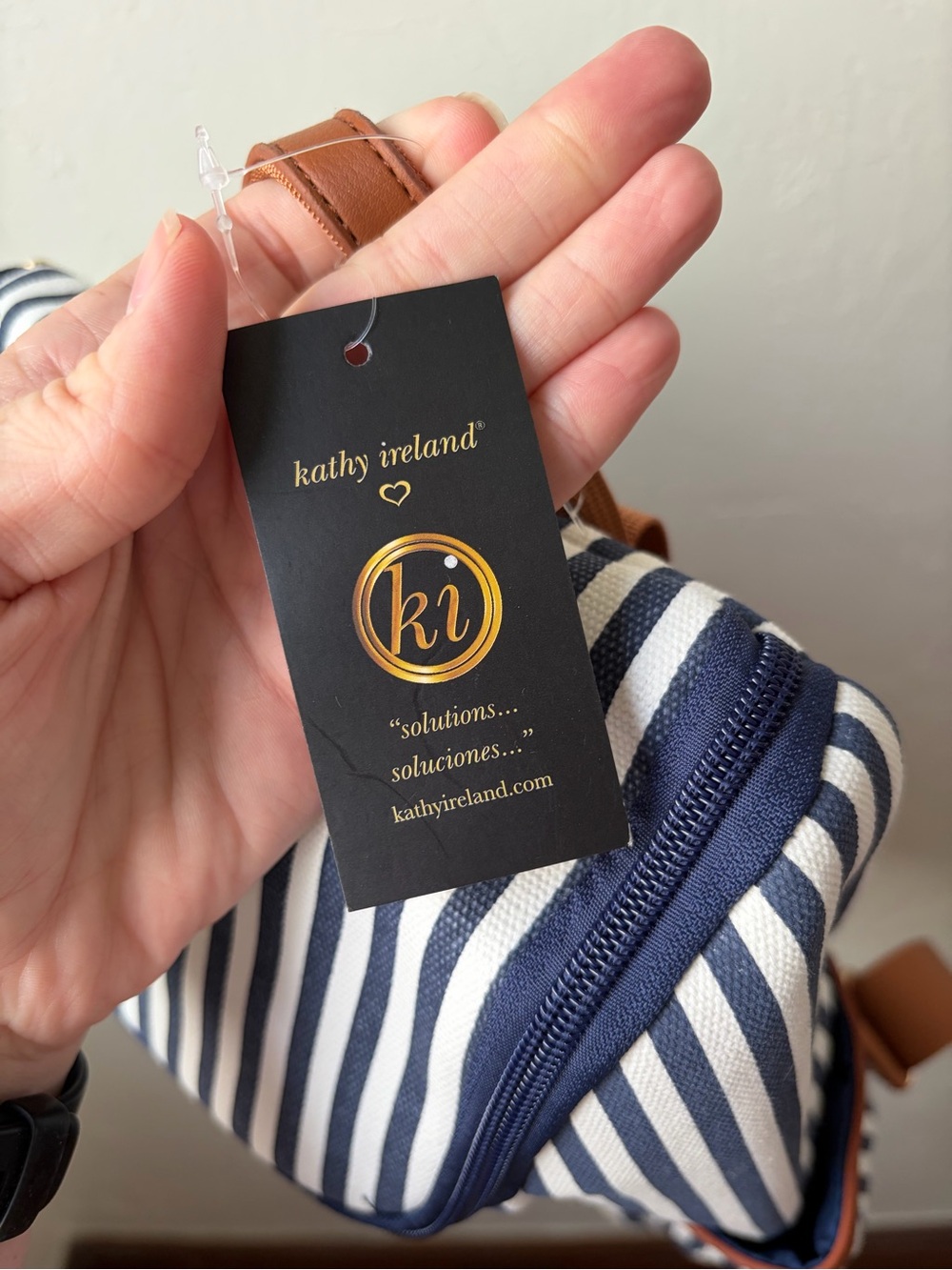 Kathy Ireland Navy White Striped Canvas Backpack Faux Leather Trim NWT - Picture 2 of 10